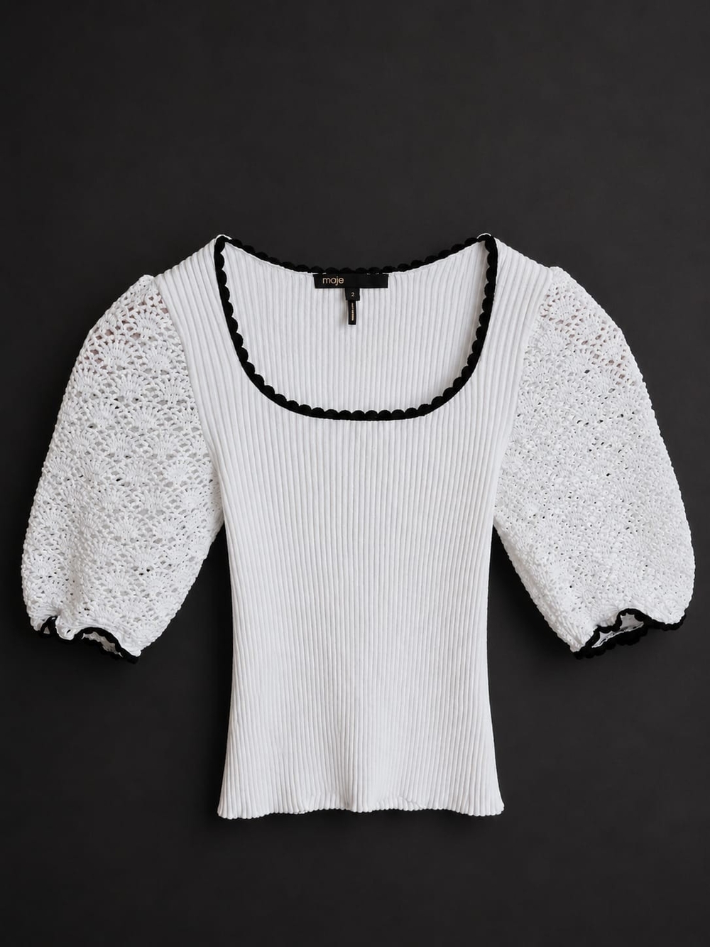 MOJE White Ribbed Top with Crochet Puff Sleeves